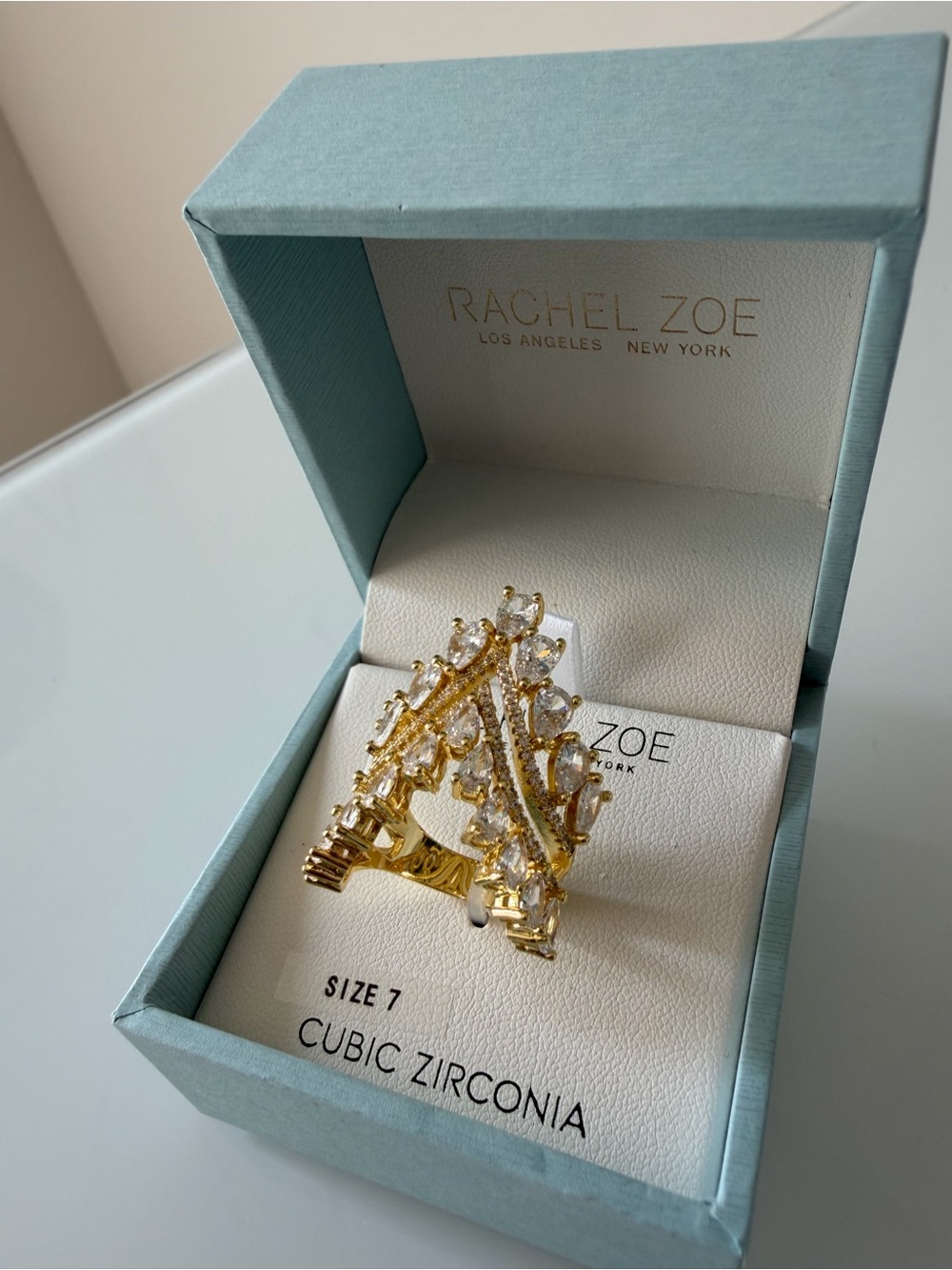 Gold cubic zirconia v shaped Statement Ring